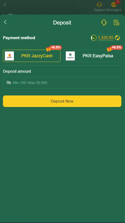 deposit money screen showing easypaisa and jazzcash