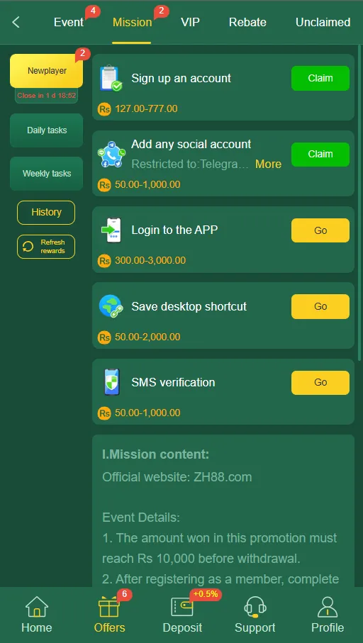 missions you can do on zh88 to earn more