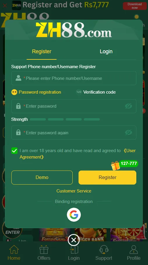 ZH88 Game registration screen showing username, email, and password fields