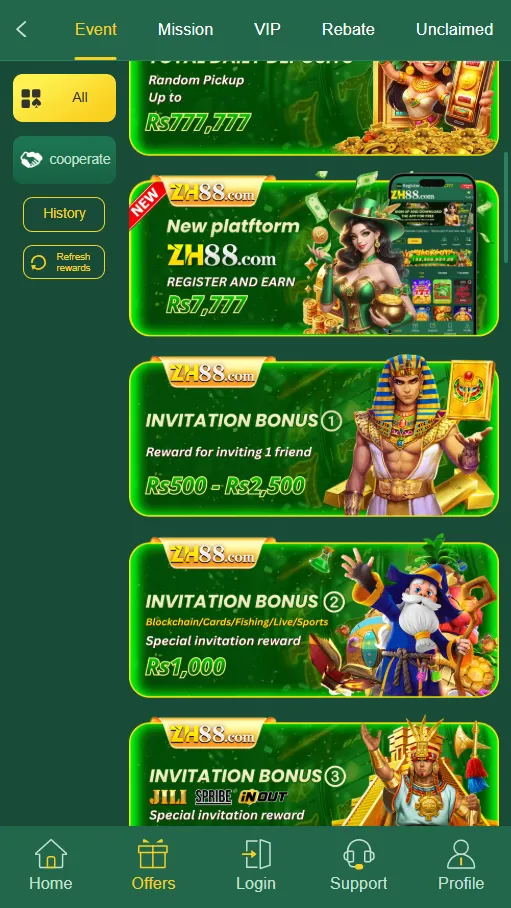 Screenshot of ZH88 Game offers page with rewards and promotions
