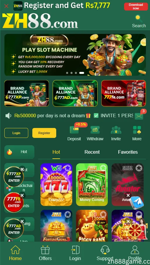 ZH888 Game APK homepage 2025 showing online casino games, Teen Patti, slots, and real money earning dashboard for Pakistani players with JazzCash and Easypaisa withdrawal options.